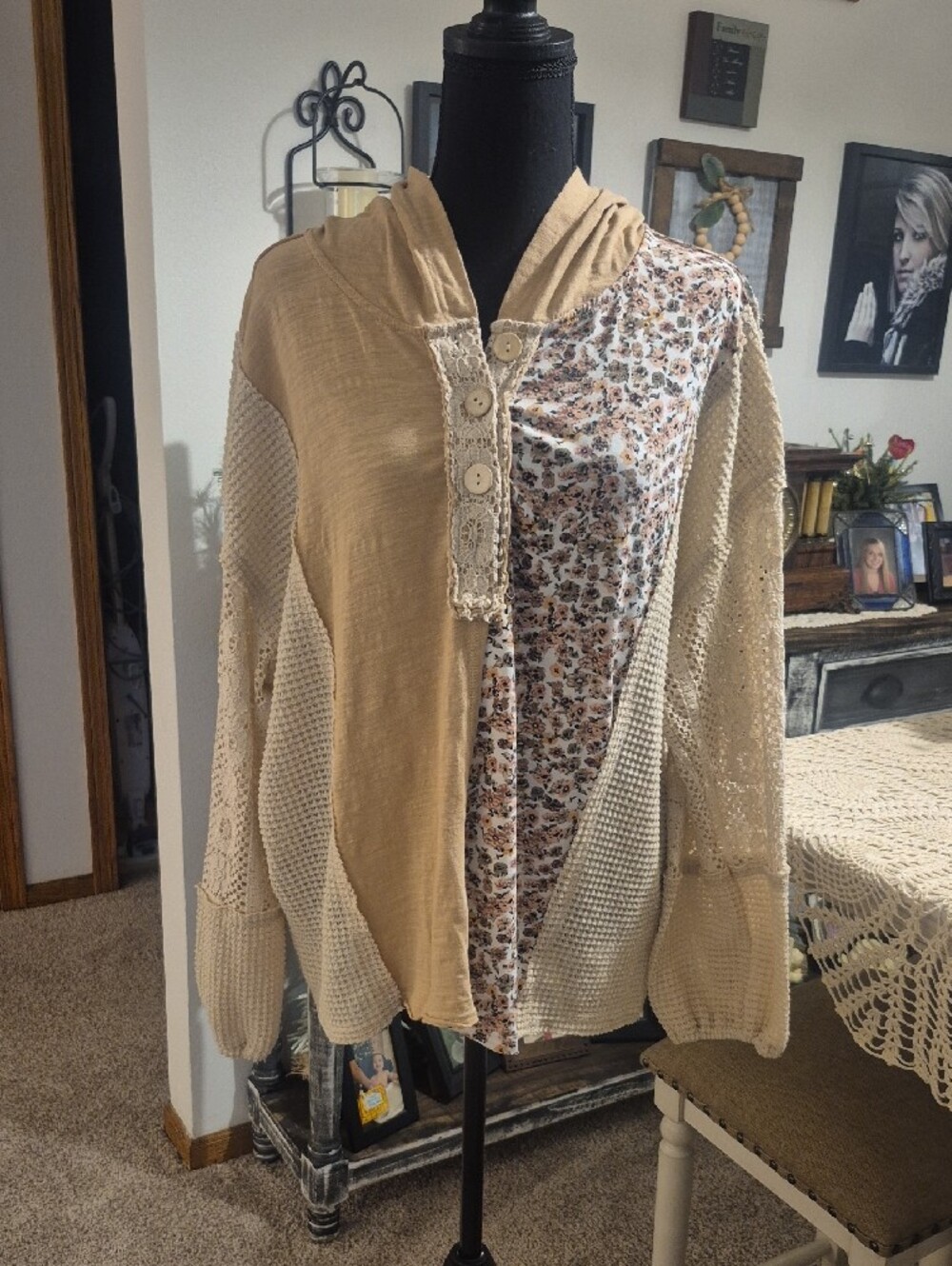 BiBi Beige Patchwork Hooded Top with Floral Panel